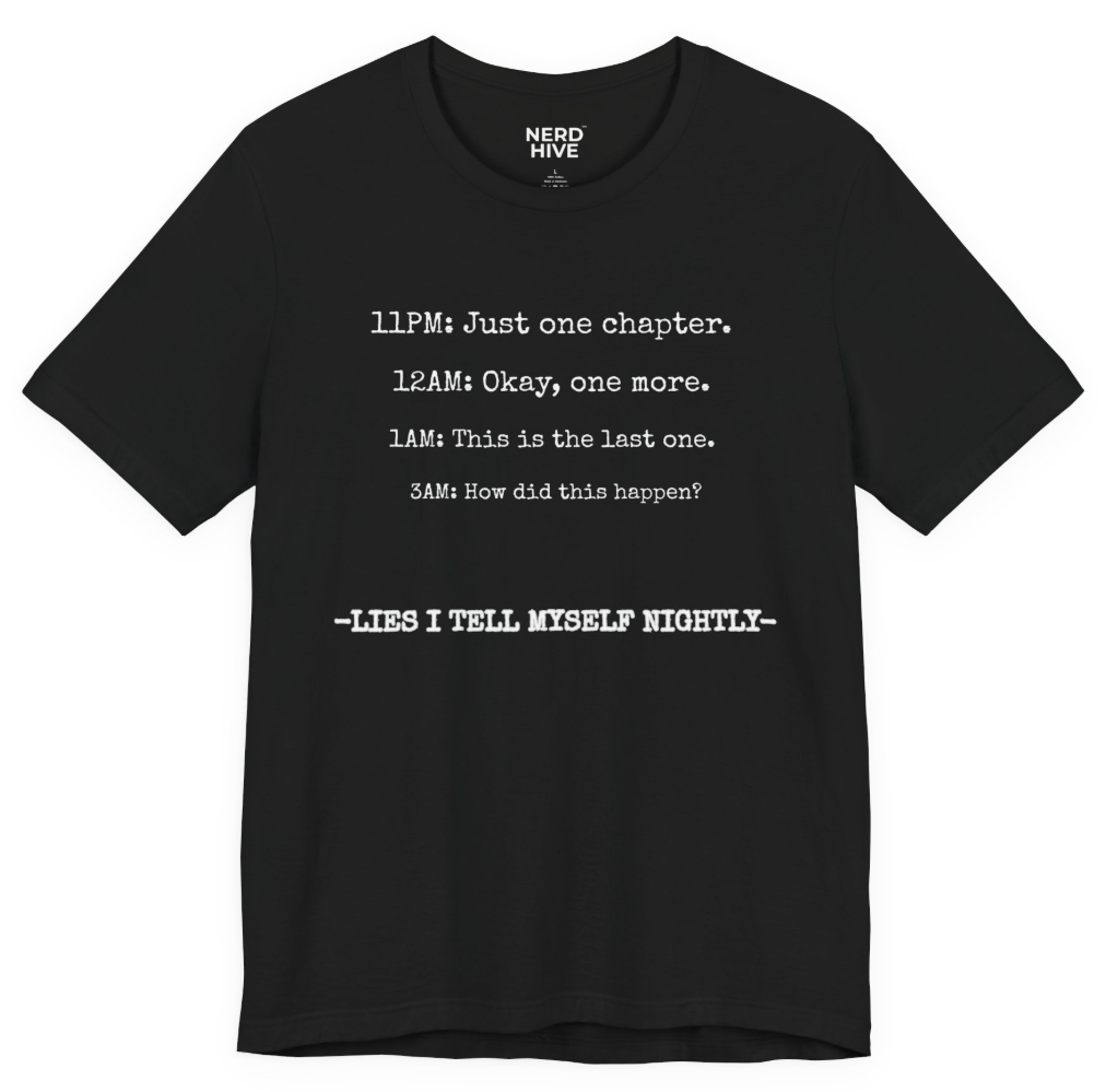 Book Nerd shirt design: One More Chapter time progression 11PM to 4AM, shown on dark colored tee