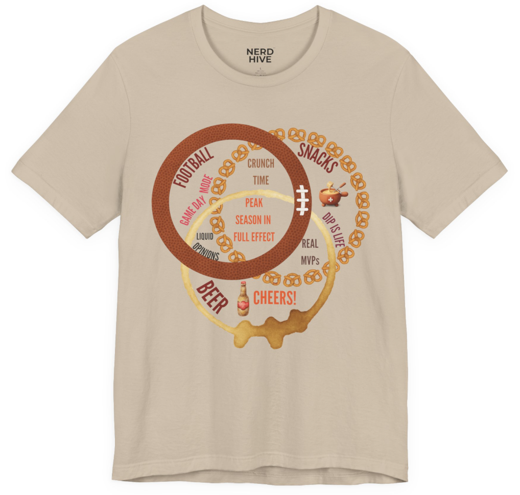 Nerd Fusion shirt: Peak Season In Full Effect Beer Football Snacks Triple Venn Diagram