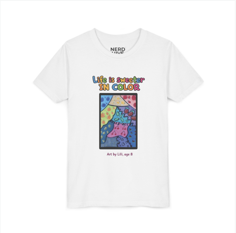 Life is Sweeter in Color fruit print design, light colored kids tee