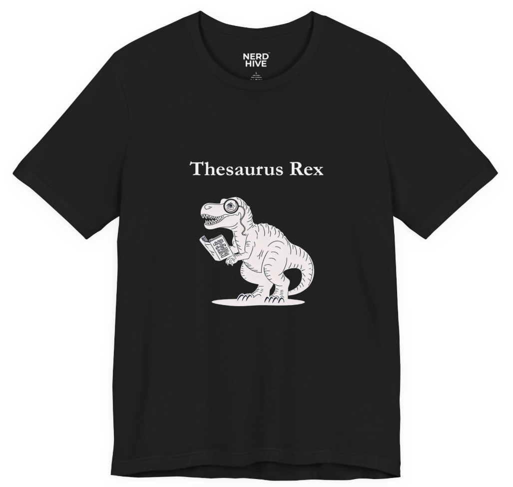 Word Nerd shirt design: Thesaurus Rex dinosaur with vocabulary humor, shown on dark colored tee