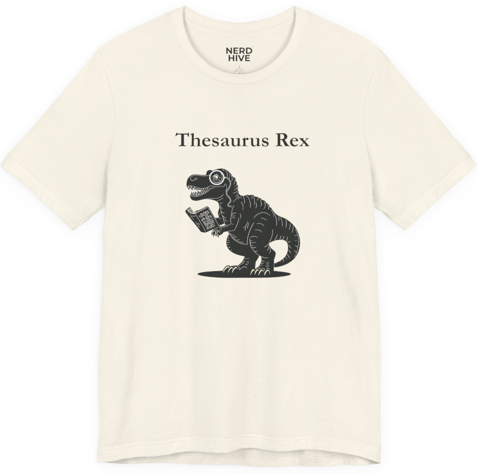 Word Nerd shirt design: Thesaurus Rex dinosaur with vocabulary humor, shown on light colored tee